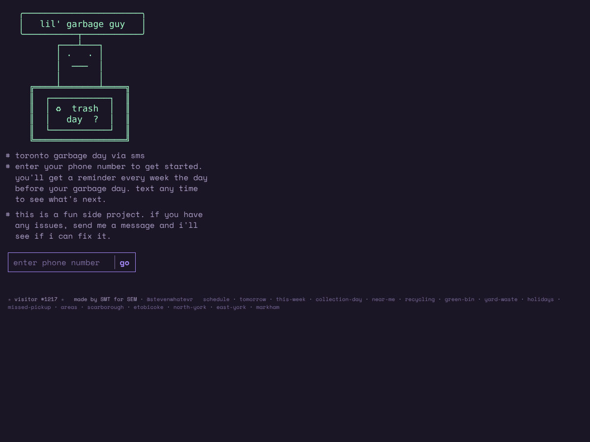 Screenshot of the lil' garbage guy home page — a terminal-styled signup prompt asking for a phone number.
